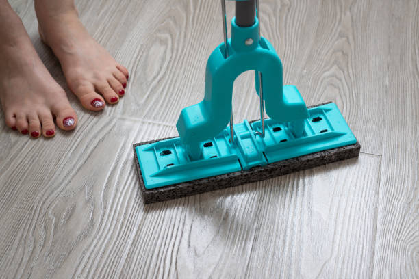 istock Female feet and blue mop on laminate background 924140010