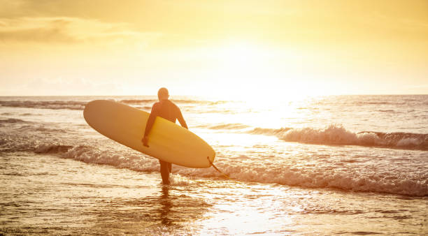 surfeur de guy marchant avec planche de surf au coucher du soleil à tenerife - surf planche longue formation praticien en action - notion de voyage sport avec de l’eau de la sof se concentrer près des pieds - chaud soleil foltered des tons de couleur - surfing men hawaii islands wave photos et images de collection