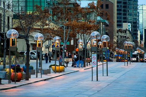 The 16th Street Mall in the Lodo area of Denver Colorado at dusk.