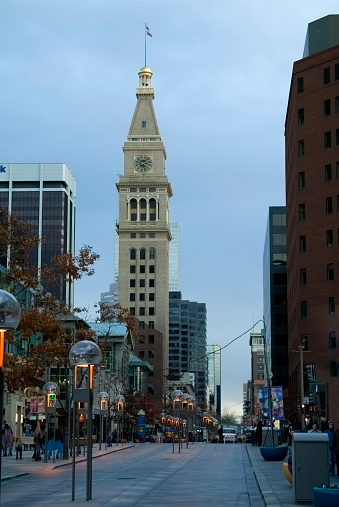 The 16th Street Mall and the Lodo Clocktower in Denver Colorado at dusk.