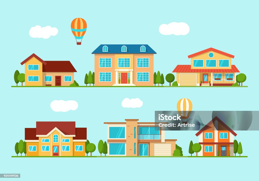 Set of modern city cottage house, front view Set of modern city cottage house, front view. Real Estate. Flat Style American or Sweden Townhouse. Vector Illustration. House stock vector