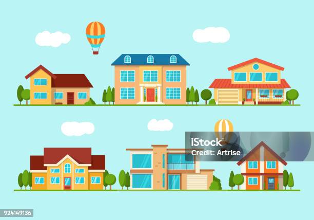 Set Of Modern City Cottage House Front View Stock Illustration - Download Image Now - House, Vector, Modern