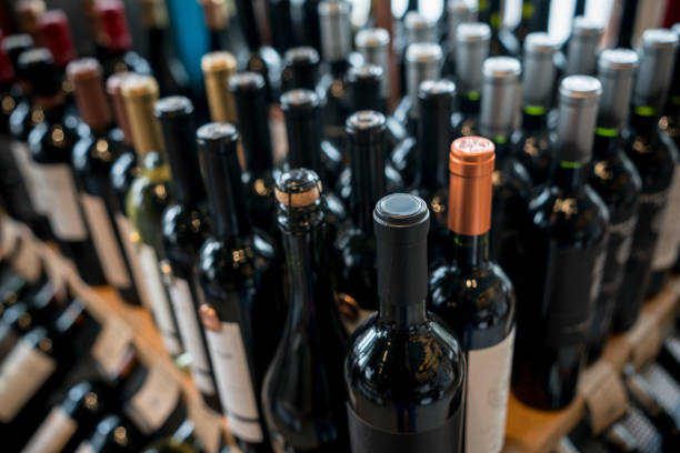 Close up of different wine bottles at a wine store