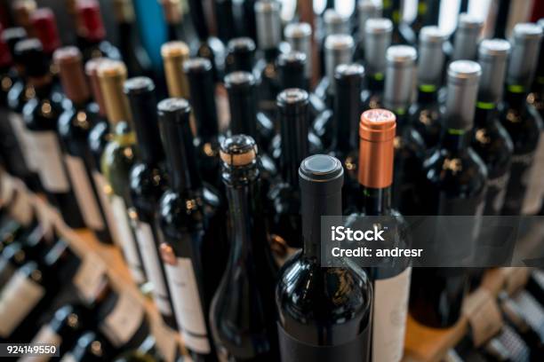 Close Up Of Different Wine Bottles At A Wine Store Stock Photo - Download Image Now - Wine Bottle, Alcohol - Drink, Wine