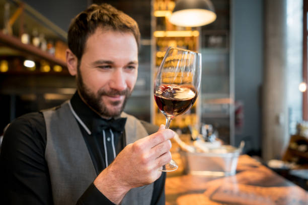 Professional wine taster at a wine cellar looking at the color of the wine smiling Professional handsome wine taster at a wine cellar looking at the color of the wine smiling bar drink establishment stock pictures, royalty-free photos & images