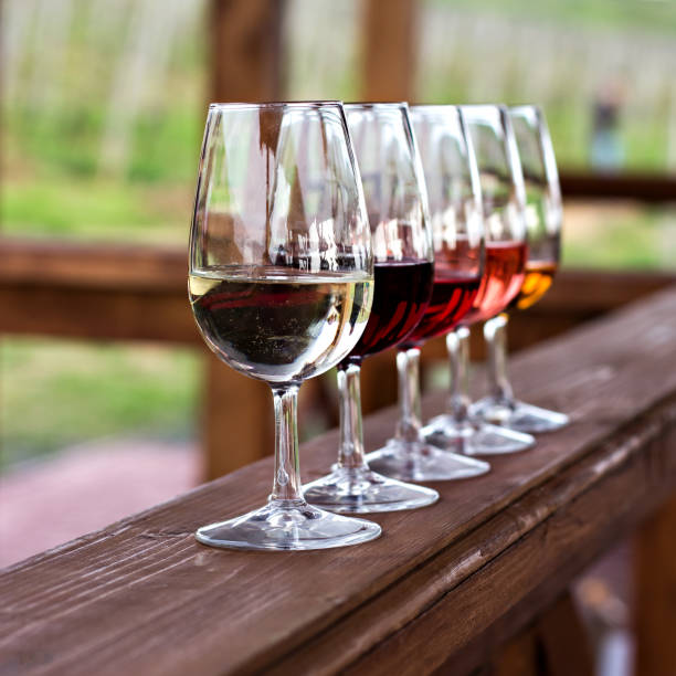 Glasses with wine. Red, pink, white wine in glasses.