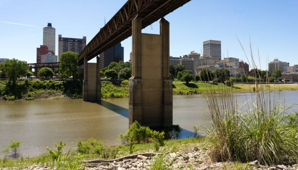 tren tressle fango isla sobre lobo río puerto memphis tennessee - memphis tennessee tennessee skyline history fotografías e imágenes de stock