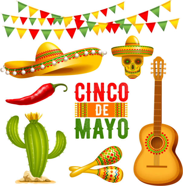 illustrazioni stock, clip art, cartoni animati e icone di tendenza di set di elementi di design cinco de mayo - chili pepper illustrations