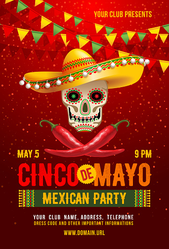 Cinco de Mayo poster or flyer design template with cheerful decorated skull in sombrero and red peppers - symbols of holiday. Vector illustration.