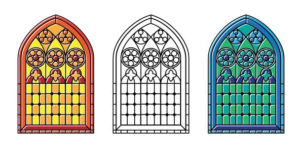 Stained glass windows A set of Gothic Style stained glass window in cool tones, warm toneas and black and white outline. EPS10 vector format church borders stock illustrations
