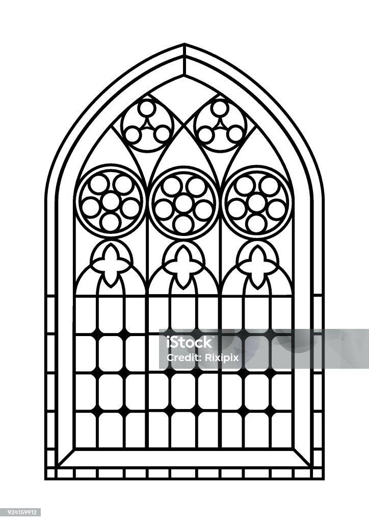 Stained glass window colouring page A Gothic Style stained glass window in black and white. Outline drawing  colouring activity page. EPS10 vector format. Window stock vector