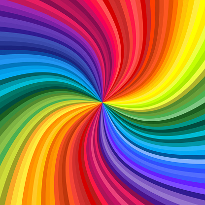 Background of vivid rainbow colored swirl twisting towards center. Vector illustration