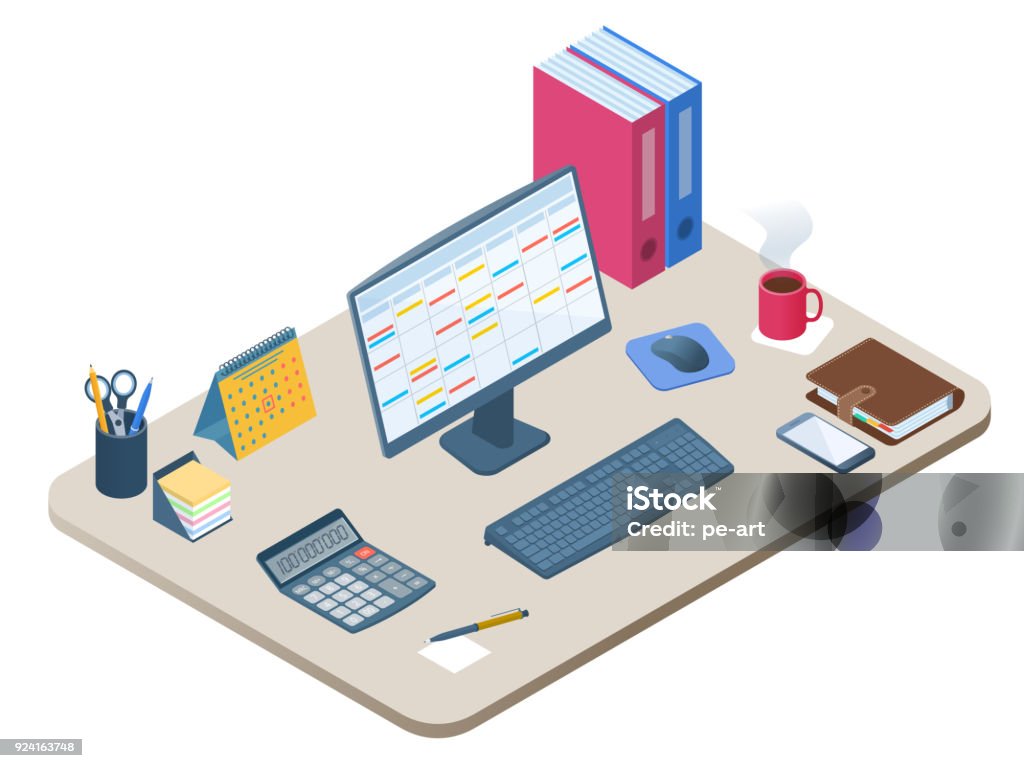 Workdesk Graphics Flat Isometric Illustration Of Workplace Vector Work Desk 3d Concept ...