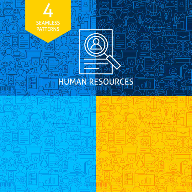 ilustraciones, imágenes clip art, dibujos animados e iconos de stock de línea recursos humanos patrones - group of objects business human resources laptop