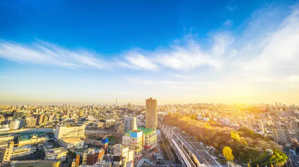 Asia Business concept for real estate and corporate construction - panoramic modern city skyline aerial view of oji, taito & sumida area with shinkansen railway under twilight sky in Tokyo, Japan