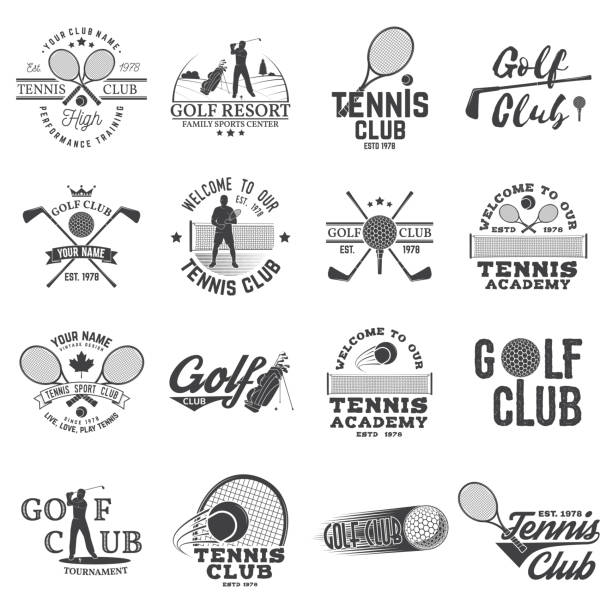 satz von golf club, tennis-club-konzept - tennis stock-grafiken, -clipart, -cartoons und -symbole
