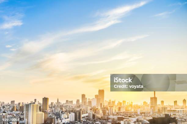 Modern City Skyline Aerial View Of Shinjuku Area With Shinkansen Railway Under Sunset Sky In Tokyo Japan Stock Photo - Download Image Now