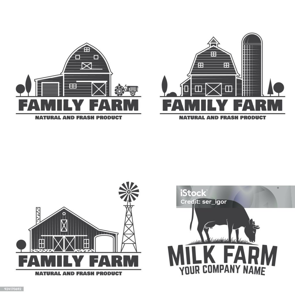 Family Farm Badges or Labels Family Farm and Milk Farm Badges or Labels. Vector illustration. Vintage typography design with cow and farm barn silhouette. Elements on the theme of the farming business. Logo stock vector