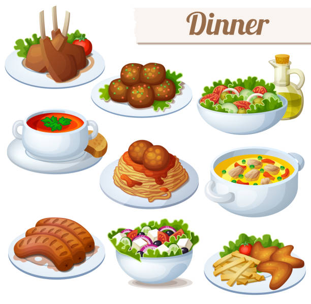 ilustrações, clipart, desenhos animados e ícones de conjunto de ícones de alimentos isolado no fundo branco. jantar - chicken pasta meal food