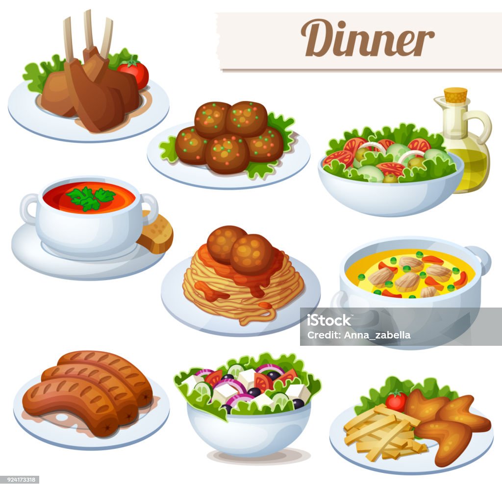 Set of food icons isolated on white background. Dinner Set of food icons isolated on white background. Dinner. Lamb chops, spaghetti with meat balls, salad with olive oil, cream soup, bollion, grilled sausages, greek salad, chicken wings Plate stock vector