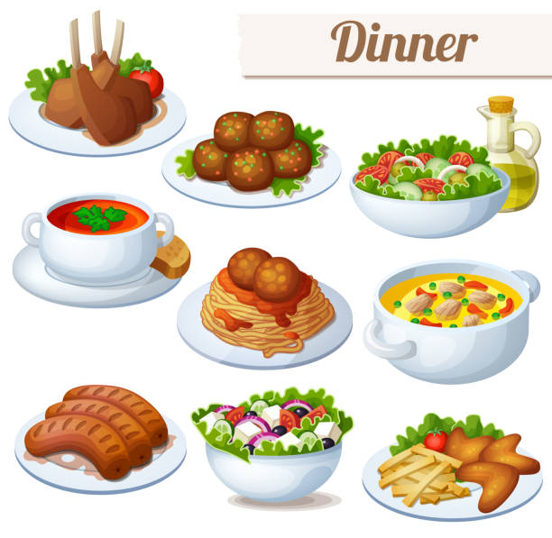 Set of food icons isolated on white background. Dinner Set of food icons isolated on white background. Dinner. Lamb chops, spaghetti with meat balls, salad with olive oil, cream soup, bollion, grilled sausages, greek salad, chicken wings meal dinner food plate stock illustrations