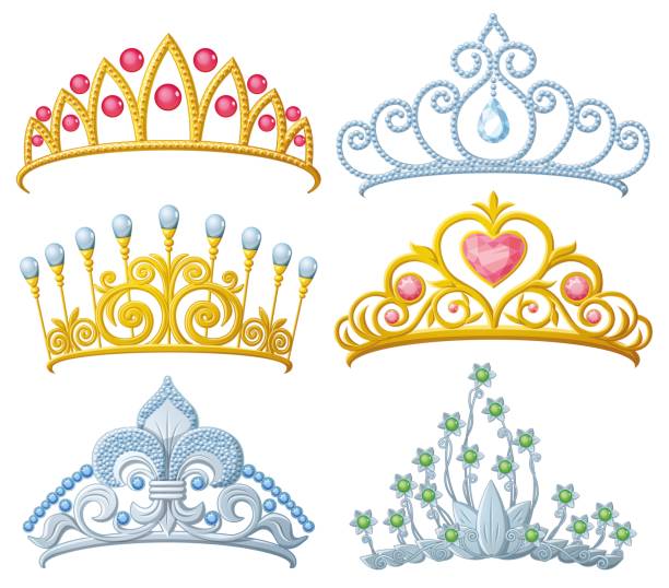 satz von prinzessin krönt tiara isoliert - tiara stock-grafiken, -clipart, -cartoons und -symbole