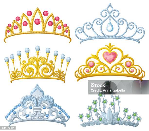 Set Of Princess Crowns Tiara Isolated Stock Illustration - Download Image Now - Crown - Headwear, Princess, Tiara