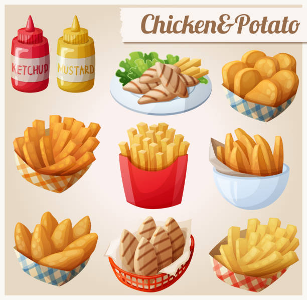 ilustraciones, imágenes clip art, dibujos animados e iconos de stock de pollo y papas. conjunto de iconos de dibujos animados vector alimentos - mustard bowl isolated condiment