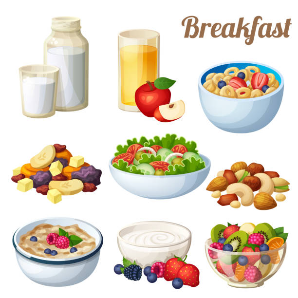ilustraciones, imágenes clip art, dibujos animados e iconos de stock de desayuno 2. conjunto de iconos de alimentos vector de dibujos animados aislados sobre fondo blanco - comida sana ilustraciones