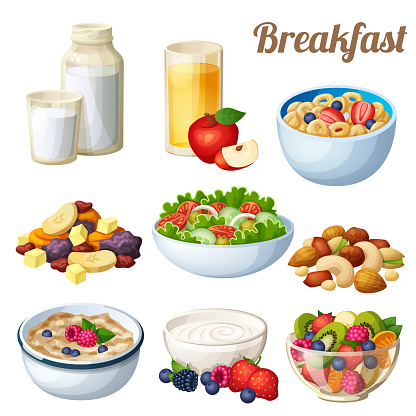 Breakfast 2. Set of cartoon vector food icons isolated on white background. Milk, apple juice, cold cereal, nuts dried fruits, greek salad, oatmeal yohurt, fruit salad