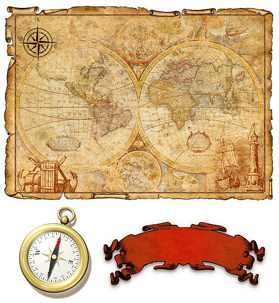 An ancient map with compass. stock photo