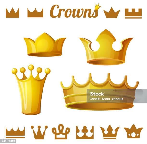 Set 2 Of Royal Gold Crowns Isolated On White Stock Illustration - Download Image Now - Crown - Headwear, Corona - Sun, Vector