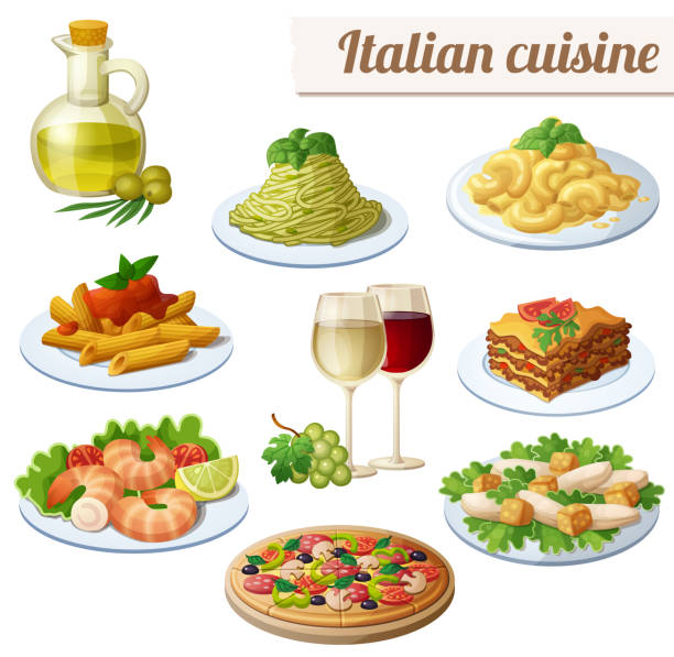 ilustraciones, imágenes clip art, dibujos animados e iconos de stock de conjunto de alimentos iconos aislados sobre fondo blanco. cocina italiana. - symbol food salad icon set