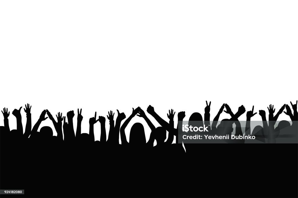 Crowd of people are applauding. People show gestures of happiness and support with raised hands Crowd of people are applauding. People show gestures of happiness and support with raised hands. Silhouette of people crowd at concert, protest, party. Vector Adult stock vector