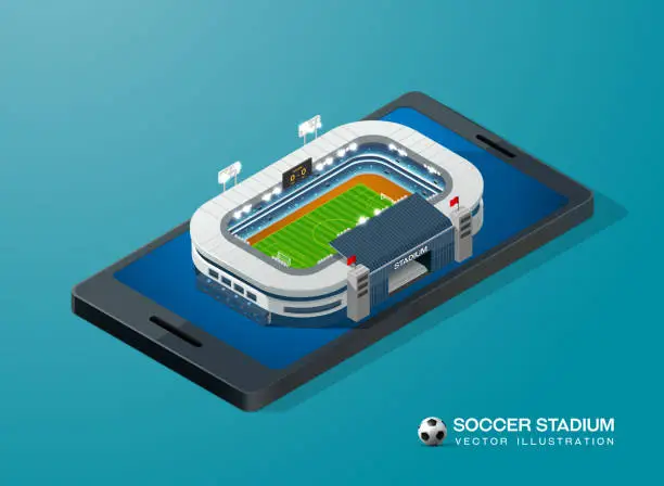 Vector illustration of soccer football stadium on smart phone isometric vector illustration