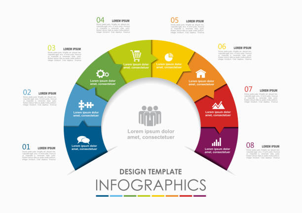 infographic 템플릿입니다. 벡터 일러스트입니다. 워크플로 레이아웃, 다이어그램, 비즈니스 단계 옵션, 배너에 사용할 수 있습니다. - 8 stock illustrations