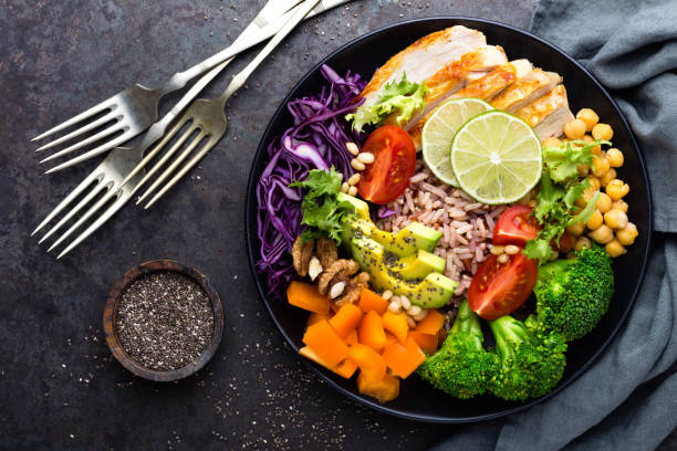 istock Buddha bowl dish with chicken fillet, brown rice, avocado, pepper, tomato, broccoli, red cabbage, chickpea, fresh lettuce salad, pine nuts and walnuts. Healthy balanced eating. Top view 924194480