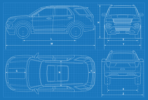 Off-road car schematic or suv car blueprint. Vector illustration. Off-road car in outline. Business vehicle template vector. View front, rear, side, top.