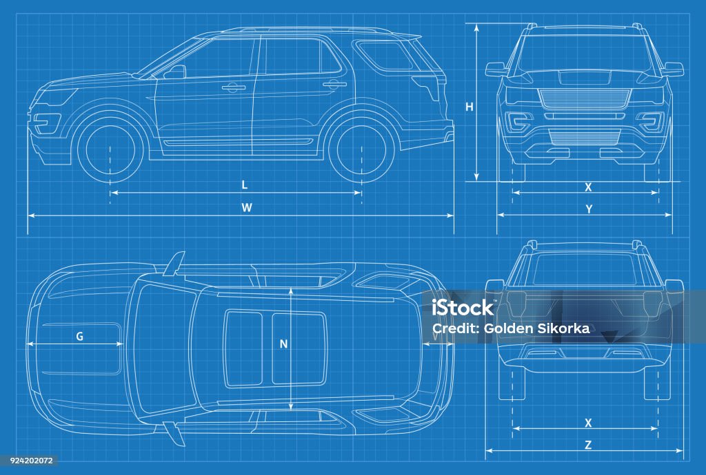 Off-road car schematic or suv car blueprint. Vector illustration. off road vehicle in outline. Business vehicle template vector. View front, rear, side, top Off-road car schematic or suv car blueprint. Vector illustration. Off-road car in outline. Business vehicle template vector. View front, rear, side, top. Car stock vector