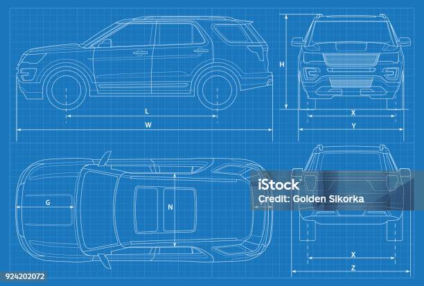 Offroad Car Schematic Or Suv Car Blueprint Vector Illustration Off Road Vehicle In Outline Business Vehicle Template Vector View Front Rear Side Top Stock Illustration - Download Image Now