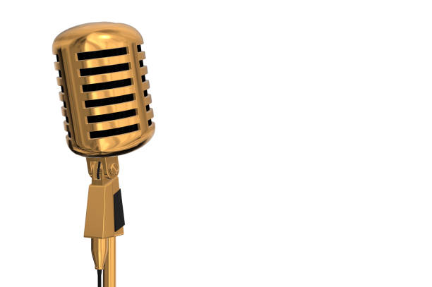 istock Rear view of a gold vintage microphone on a white background 924207242