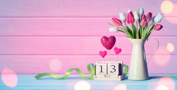 Tulips Inn Vase With Calendar Date And Ribbon