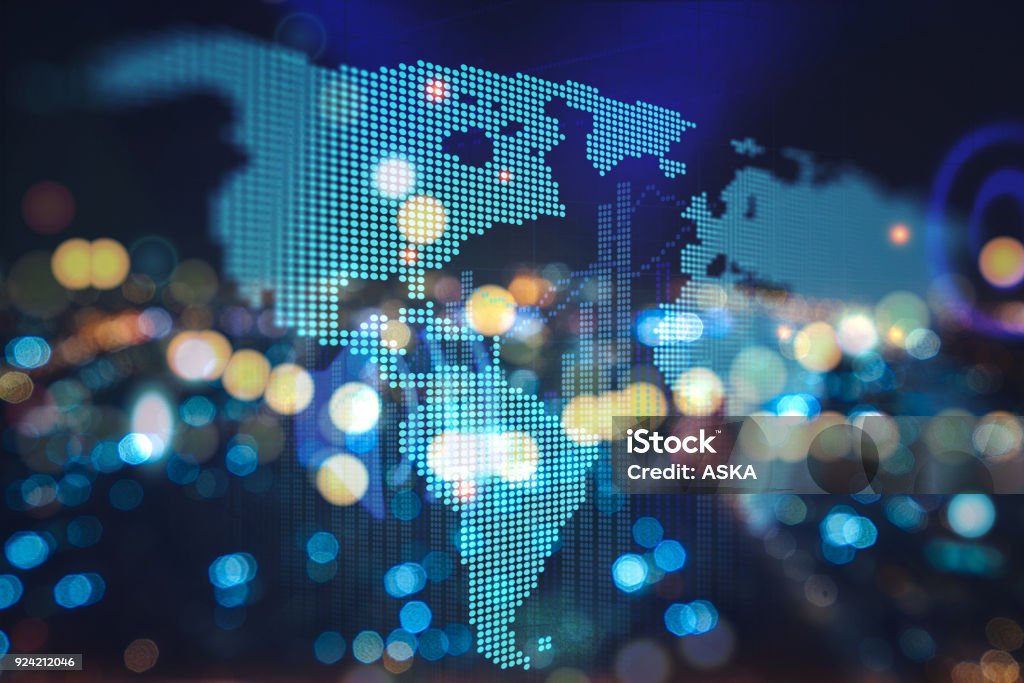 Futuristic earth map technology abstract background City lights bokeh blurred background Global Business Stock Photo