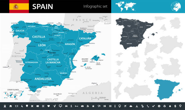 ilustraciones, imágenes clip art, dibujos animados e iconos de stock de mapa de españa - infografía vectorial - barcelona sevilla