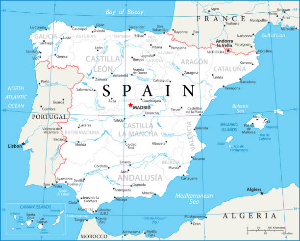 mapa hiszpanii - wektor - barcelona sevilla stock illustrations