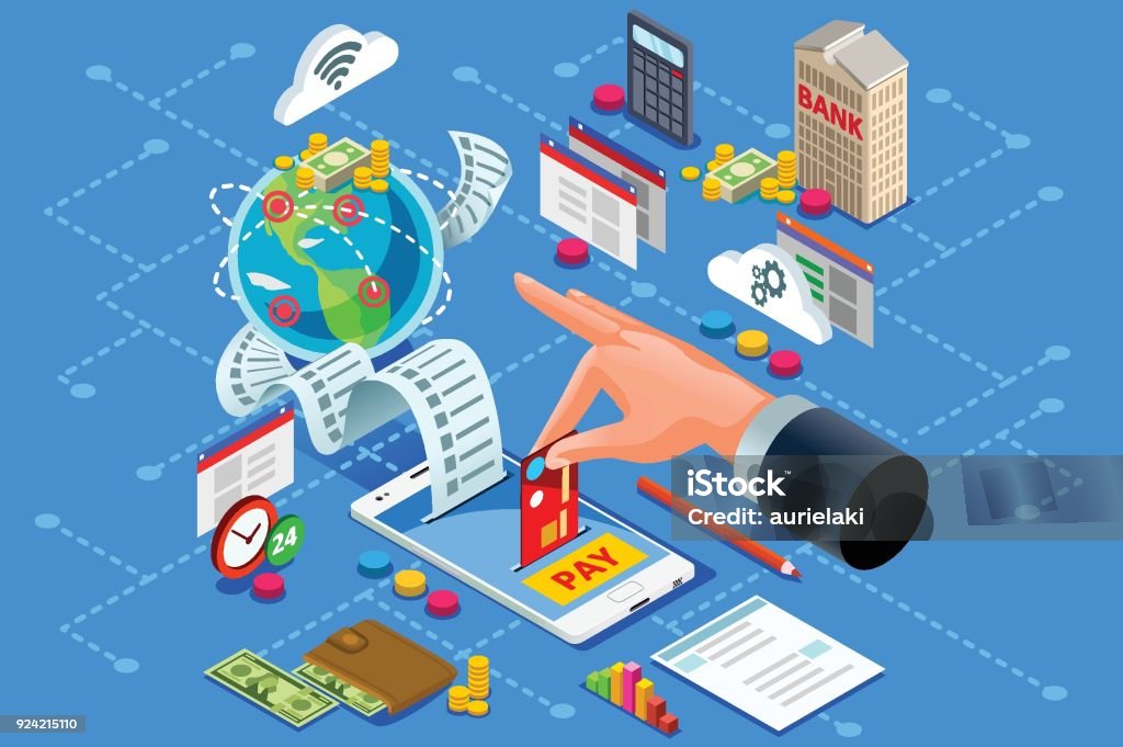 Billing concept or web payment Billing concept or paper bill to represent online web payment. Ecommerce or bank payment from electronic account. Isometric vector design. Financial Bill stock vector