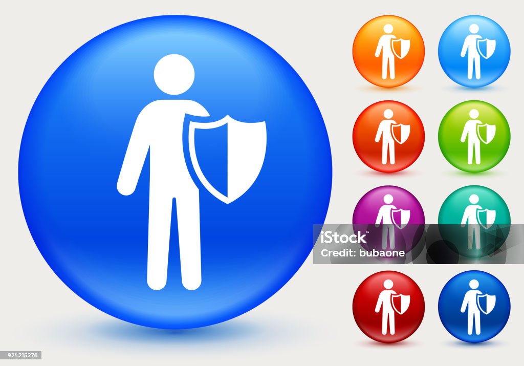 Man With A Shield. Man With A Shield.The icon is white and is placed on a round blue vector button. The button has a sight shadow and the background is light. The composition is simple and elegant. The vector icon is the most prominent part if this illustration. There are eight alternate button variations on the right side of the image. The alternate colors are orange, red, purple, maroon, light blue, green, teal and indigo. Adult stock vector