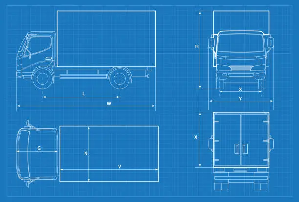 Vector illustration of Delivery truck schematic or VAN car blueprint. Vector illustration. Truck car in outline. Business vehicle template vector. View front, rear, side, top