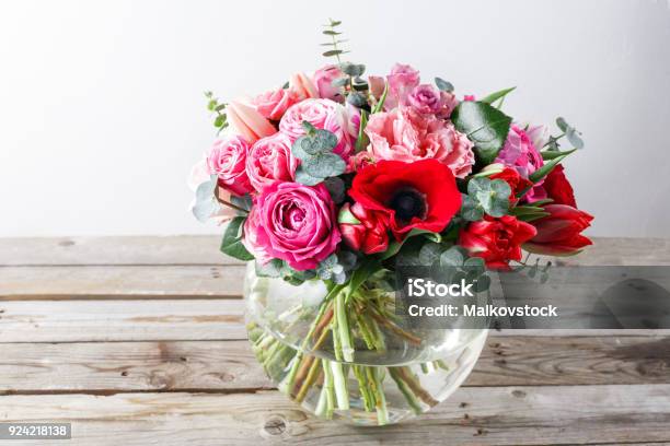 Bouquet Of Pink Roses And Other Colors Flowers On Wooden Background Copy Space Stock Photo - Download Image Now