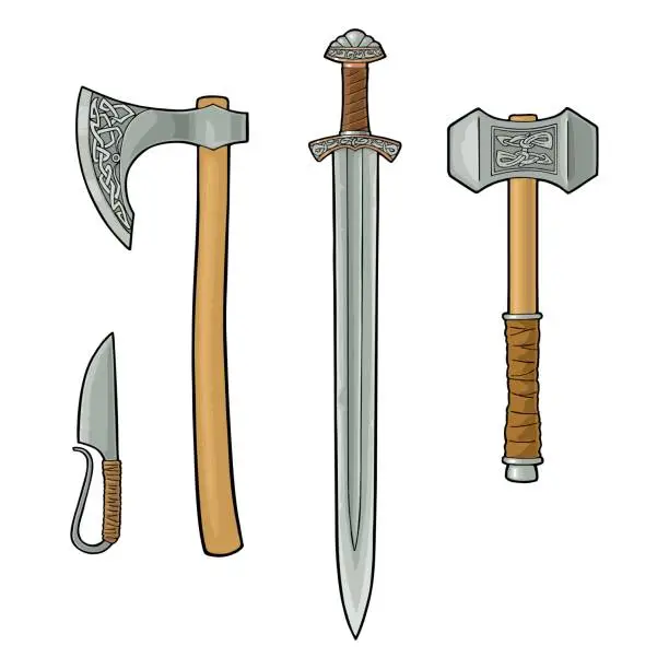 Vector illustration of Set edged weapons viking. Knife, axe, sword, hammer. Vintage engraving